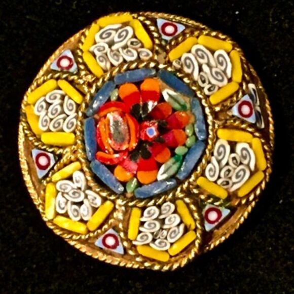 YELLOW RED FLORAL ITALIAN MICRO MOSAIC PIN BROOCH - Picture 2 of 5